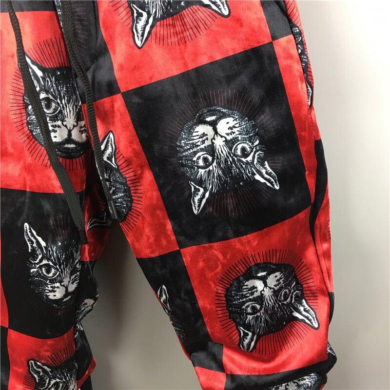 【ZHIZUNシリーズ】★ズボン★ 裏起毛 ボトムス 猫 ねこ ネコ カジュアルパンツ 男女兼用 メンズ 厚て 暖か レッド 赤 - ChinChic