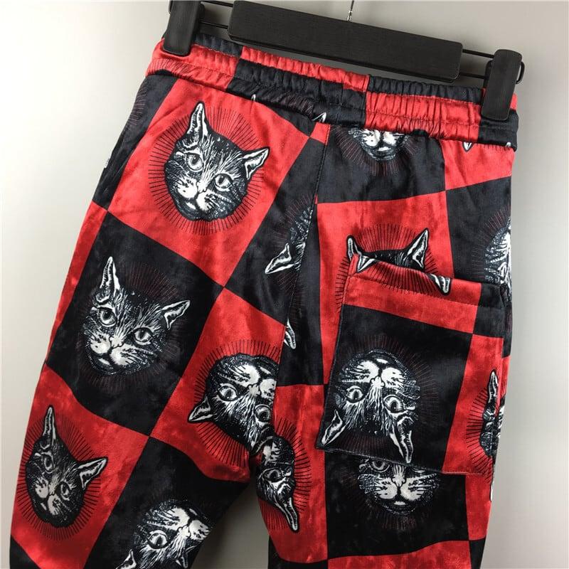 【ZHIZUNシリーズ】★ズボン★ 裏起毛 ボトムス 猫 ねこ ネコ カジュアルパンツ 男女兼用 メンズ 厚て 暖か レッド 赤 - ChinChic