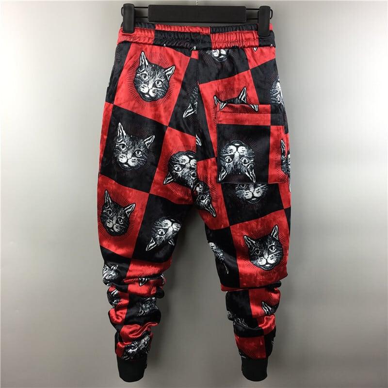 【ZHIZUNシリーズ】★ズボン★ 裏起毛 ボトムス 猫 ねこ ネコ カジュアルパンツ 男女兼用 メンズ 厚て 暖か レッド 赤 - ChinChic
