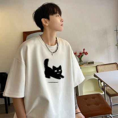 【NANSHIシリーズ】5色展開 Tシャツ 半袖 トップス 男女兼用 大きいサイズ スエード 猫柄 ねこ ネコ