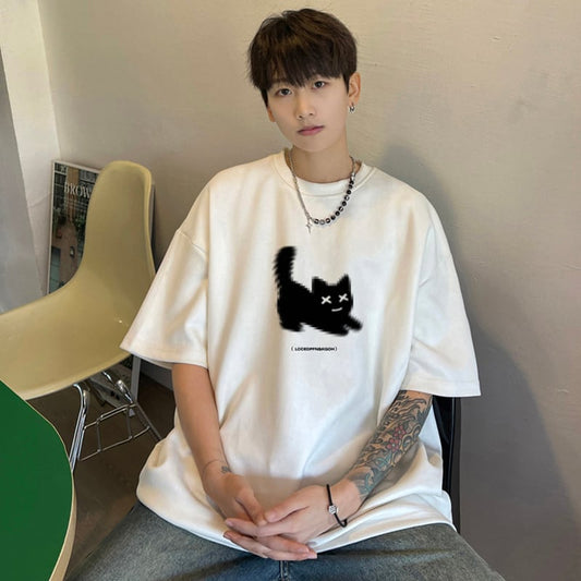 【NANSHIシリーズ】5色展開 Tシャツ 半袖 トップス 男女兼用 大きいサイズ スエード 猫柄 ねこ ネコ