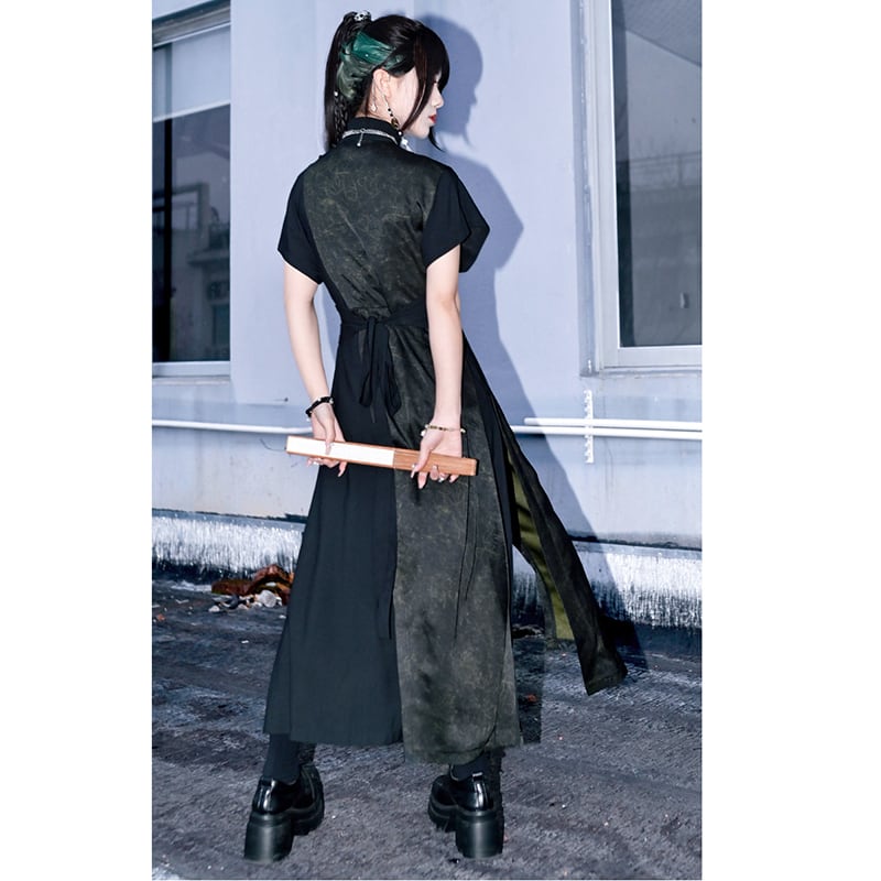 【古怪舍---升卿シリーズ】チャイナ風半袖漢服ワンピース 切り替え ブラック 黒色