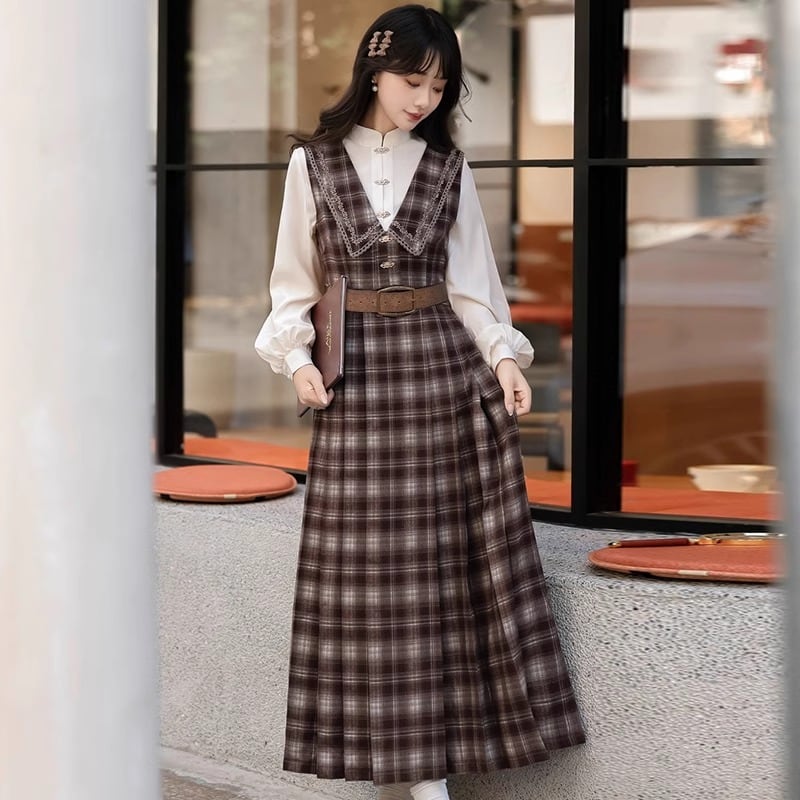 【楓竹---銀杏シリーズ】チャイナ風 セットアップ トップス つりワンピース 2点セット 中華服 漢服 チェック柄 デートスタイル 可愛い