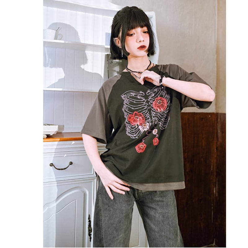 【古怪舍---花骨シリーズ】チャイナ風 半袖 Tシャツ プリント 個性的 オリジナル Vネック コットン トップス