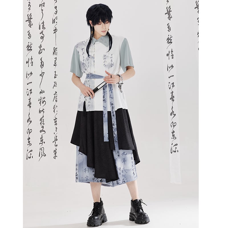 【卿棠---山澗序語シリーズ】チャイナ風 プリント 半袖シャツ 男女兼用 漢字柄 トップス
