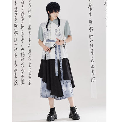 【卿棠---山澗序語シリーズ】チャイナ風 プリント 半袖シャツ 男女兼用 漢字柄 トップス