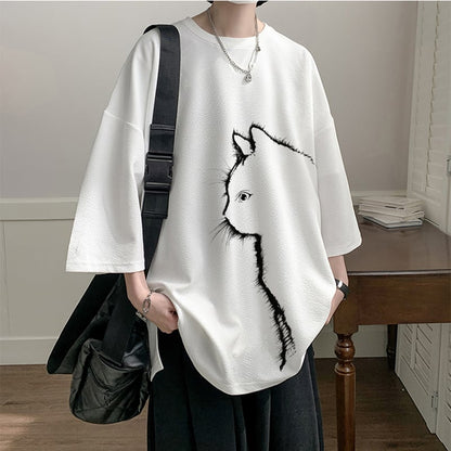 【CEXUシリーズ】3色展開 七分袖 Tシャツ 男女兼用 大きいサイズ 猫柄 黒 白 青