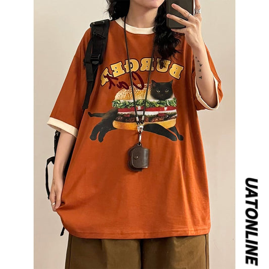 【UATONLINEシリーズ】Tシャツ 半袖 男女兼用 コットン 猫柄 ネコデザイン トップス かわいい 2023新作