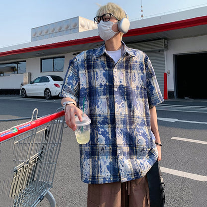 【DUFENGシリーズ】3色 半袖 チェック柄 トップス 男女兼用 大きいサイズ 絞り染め シャツ