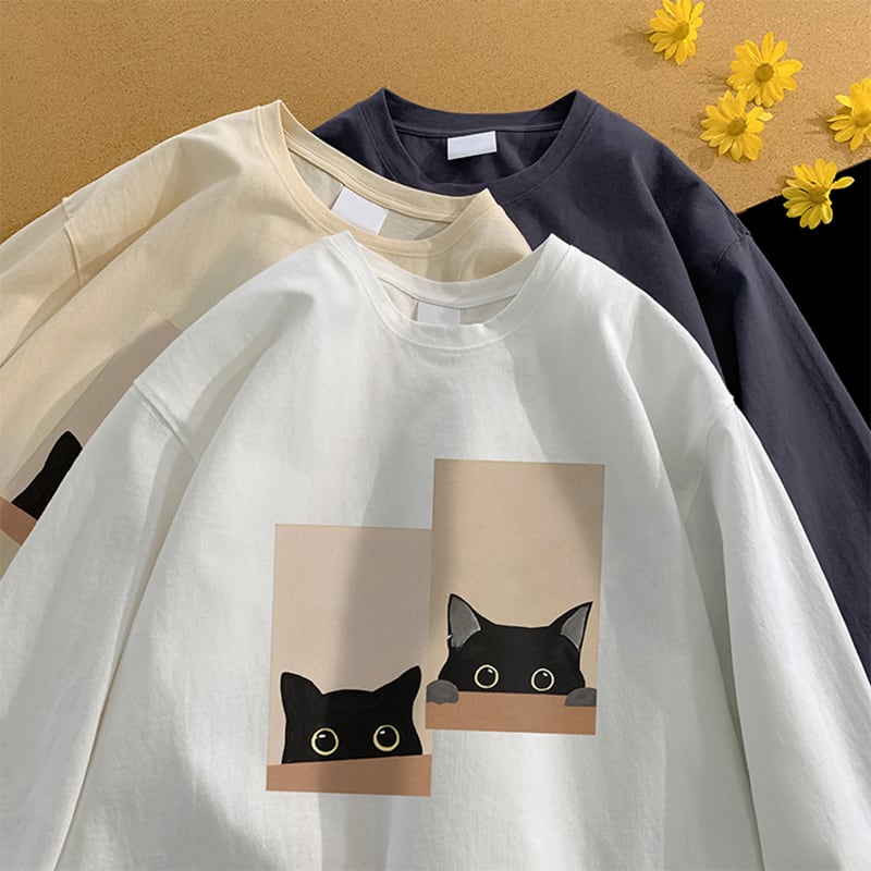 【SENSUシリーズ】長袖Tシャツ 男女兼用 大きいサイズ 5色 猫 プリント コットン