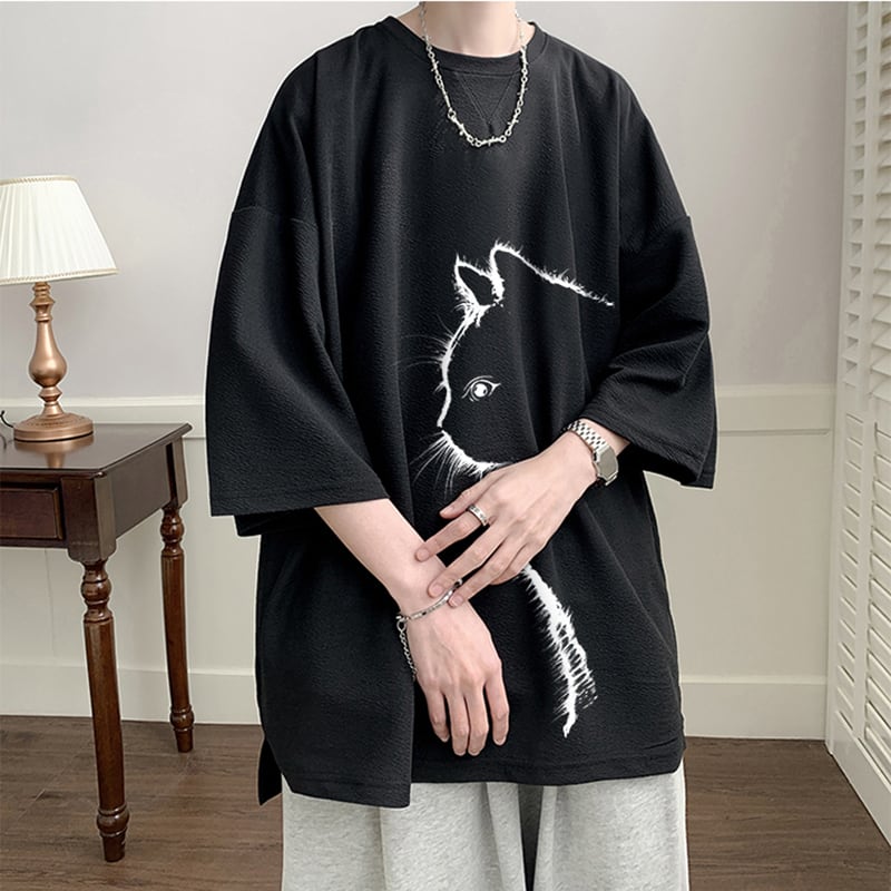 【CEXUシリーズ】3色展開 七分袖 Tシャツ 男女兼用 大きいサイズ 猫柄 黒 白 青