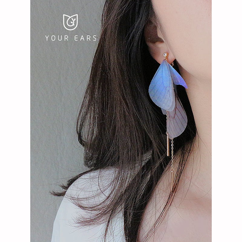 【YOUR EARSシリーズ】チャイナ風耳飾り 2色 3タイプ ピアス イヤリング イヤーフック ペア 小物 アクセサリー レディース 蝶々の翼 緑 青