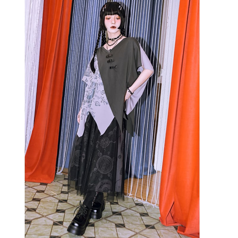 【古怪舍---清心訣シリーズ】★チャイナ風トップス★ 半袖 Tシャツ 個性的 オリジナル 不規則 コットン プリント