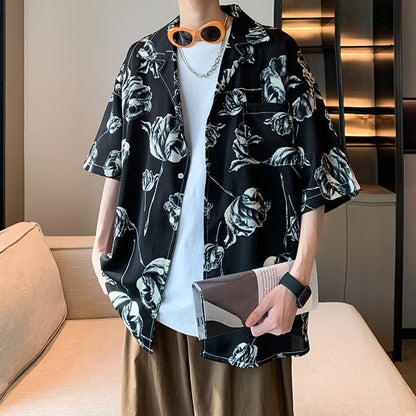 【ZHUIYIシリーズ】チャイナ風トップス 男女兼用 半袖シャツ 大きいサイズ 花柄 シャツ 2色展開 黒 白