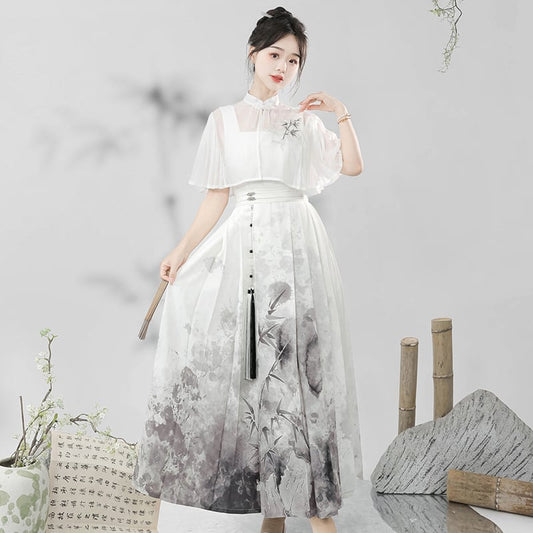 【停云落月---水墨寒江シリーズ】チャイナ風ワンピースセット 中華服 つりワンピース＋トップス 水墨柄