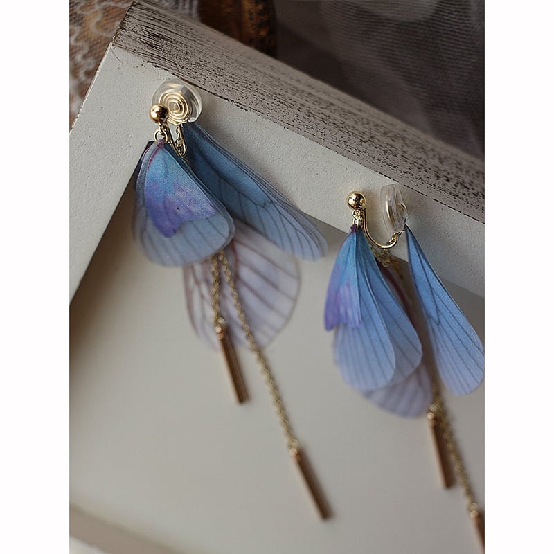 【YOUR EARSシリーズ】チャイナ風耳飾り 2色 3タイプ ピアス イヤリング イヤーフック ペア 小物 アクセサリー レディース 蝶々の翼 緑 青