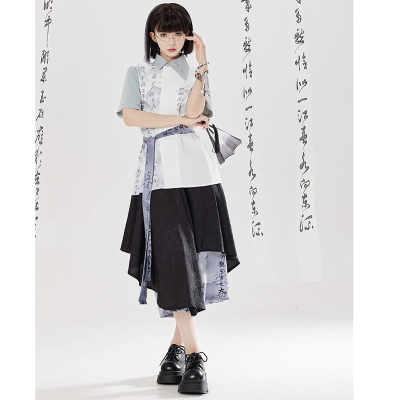 【卿棠---幽篁玉京シリーズ】チャイナ風 キュロットスカート カジュアル 切り替え ボトムス 男女兼用 メンズ 漢字柄