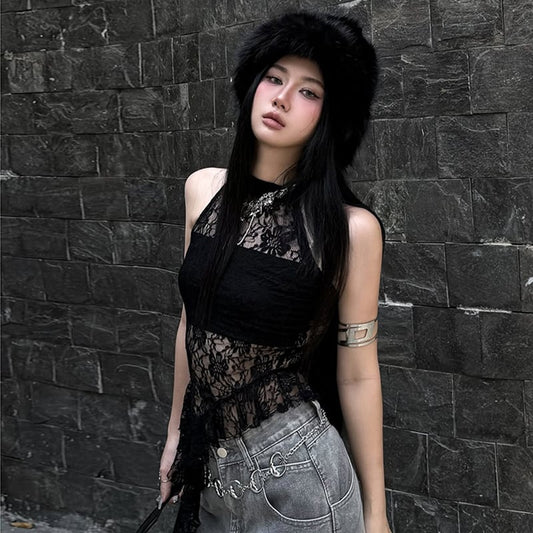 【KLIOUシリーズ】ノースリーブ レース トップス レディース セクシー 切り替え おしゃれ ブラック 服装
