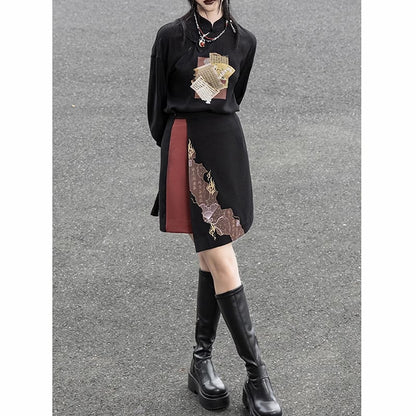 【雲鬢斜簪シリーズ】★チャイナ風トップス★ 中華服 漢字柄 プリント オリジナル 合わせやすい