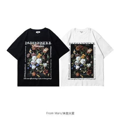 【FROM MARSシリーズ】2色展開 Tシャツ 半袖 花柄 男女兼用 メンズ コットン ブラック ホワイト