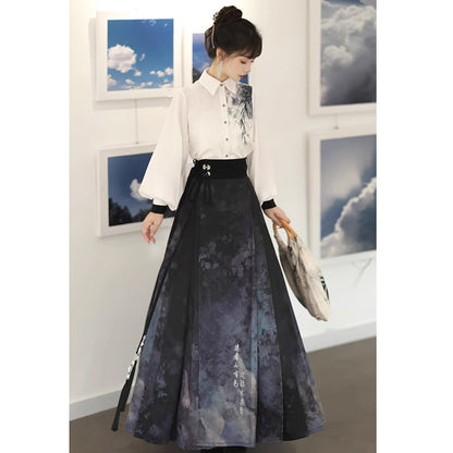【塵煙雲夢---畫影シリーズ】チャイナ風 スカート 中華服 水墨柄 ロング丈 可愛い 漢服スカート