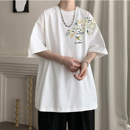 【KADISHOUシリーズ】チャイナ風トップス Tシャツ 半袖 男女兼用 大きいサイズ コットン 鳥 花柄 9色展開