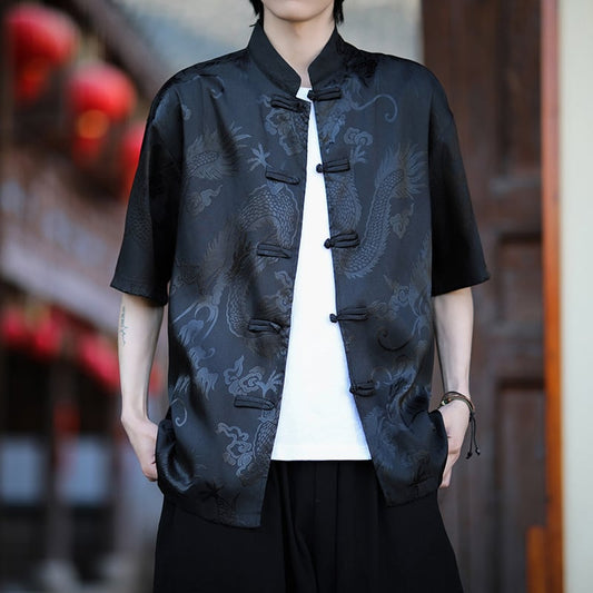 【XILANGBAOリーズ】チャイナ風トップス 龍紋 半袖シャツ 2色 中華服 男女兼用 メンズ レディース ブラック ホワイト