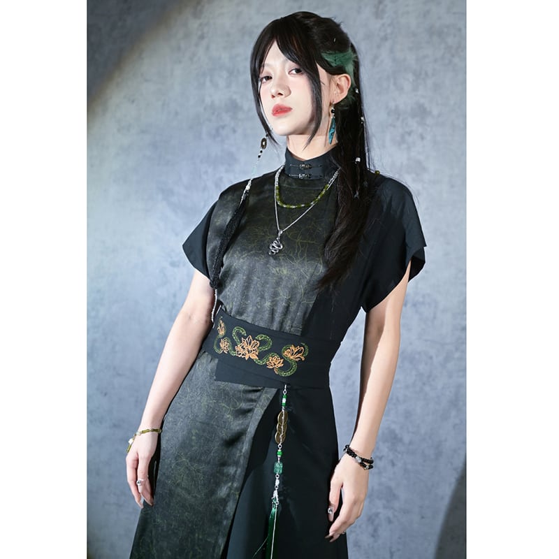 【古怪舍---升卿シリーズ】チャイナ風半袖漢服ワンピース 切り替え ブラック 黒色