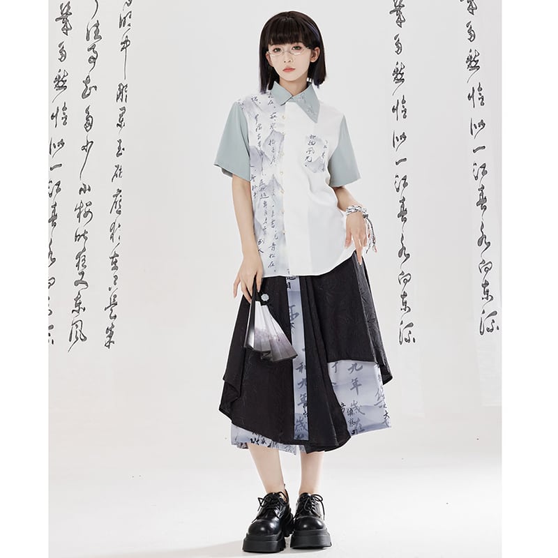 【卿棠---幽篁玉京シリーズ】チャイナ風 キュロットスカート カジュアル 切り替え ボトムス 男女兼用 メンズ 漢字柄
