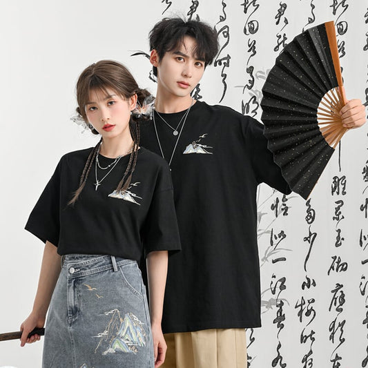 【森女部落---千裏江山シリーズ】チャイナ風トップス Tシャツ ショート丈 ロング丈 個性的 夏服 蝶々柄 コットン 男女兼用 メンズ レディース