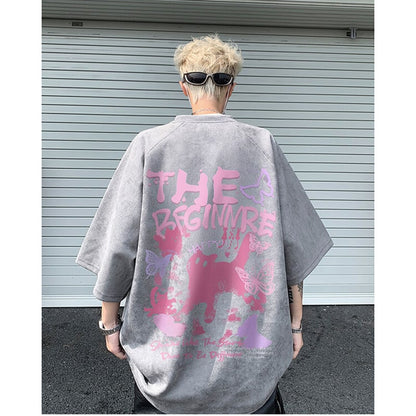 【CEXUリーズ】Tシャツ 半袖 男女兼用 大きいサイズ スエード 猫柄 4色展開 ブラック グレー