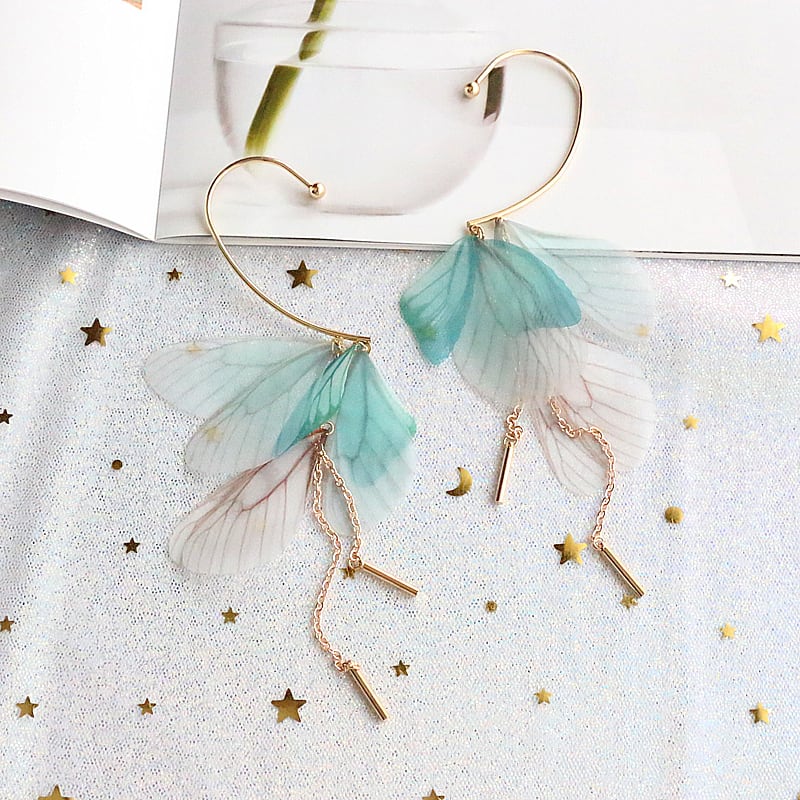 【YOUR EARSシリーズ】チャイナ風耳飾り 2色 3タイプ ピアス イヤリング イヤーフック ペア 小物 アクセサリー レディース 蝶々の翼 緑 青