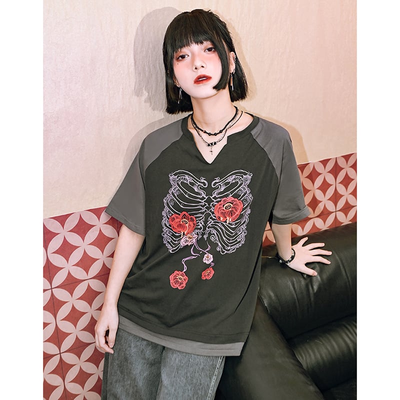 【古怪舍---花骨シリーズ】チャイナ風 半袖 Tシャツ プリント 個性的 オリジナル Vネック コットン トップス