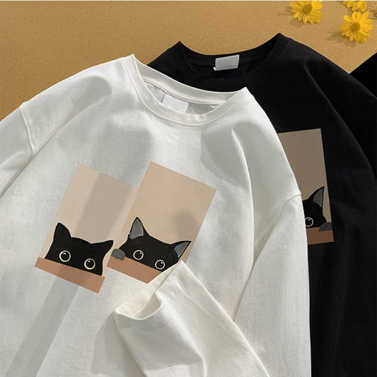 【SENSUシリーズ】長袖Tシャツ 男女兼用 大きいサイズ 5色 猫 プリント コットン