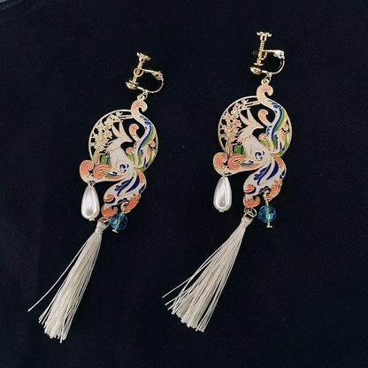 【21SHIPINシリーズ】★耳飾り★ ペア ピアスORイヤリング アクセサリー レディース レトロ ロング丈 キツネ フリンジ - ChinChic