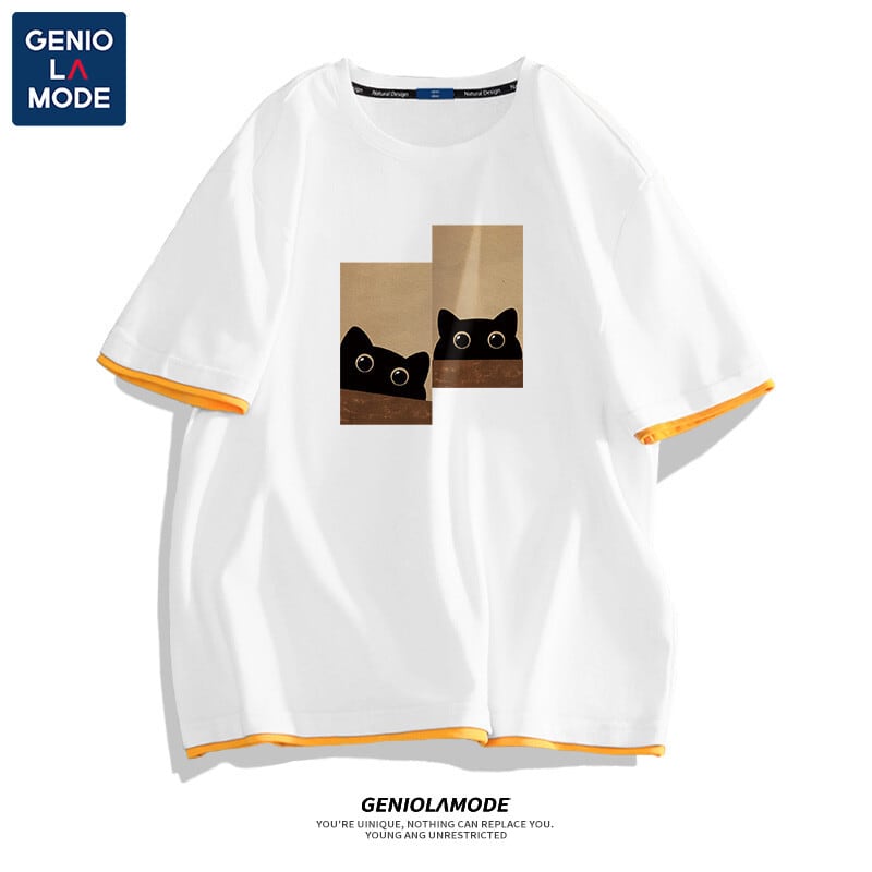 【GENIOLAMODEシリーズ】猫柄 半袖 Tシャツ 4色 メンズ・レディース兼用 大きいサイズ コットン トップス