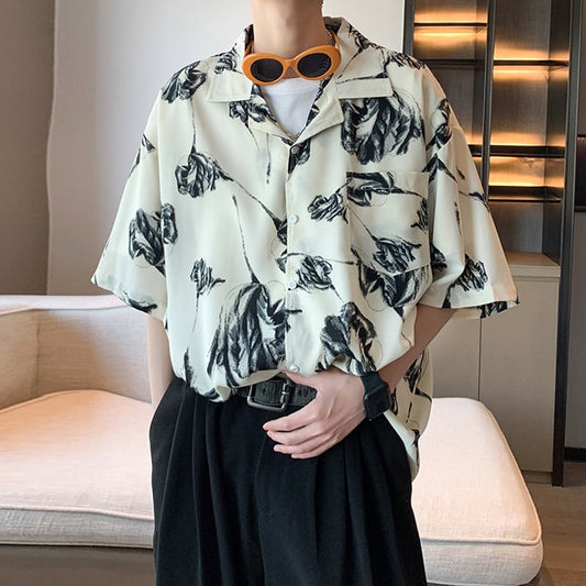 【ZHUIYIシリーズ】チャイナ風トップス 男女兼用 半袖シャツ 大きいサイズ 花柄 シャツ 2色展開 黒 白