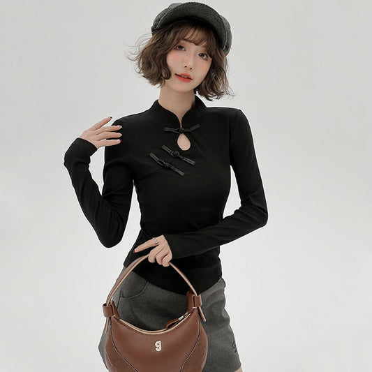【GIRLYHALOシリーズ】チャイナ風トップス レディース 長袖 Tシャツ 着痩せ ブラック 黒 おしゃれ コーディネートしやすい