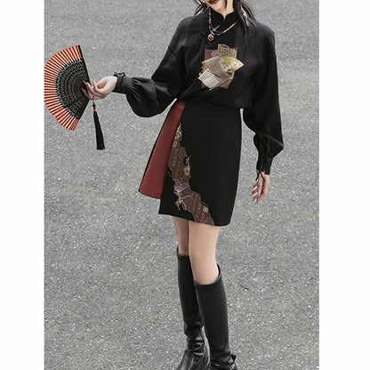 【雲鬢斜簪シリーズ】★チャイナ風トップス★ 中華服 漢字柄 プリント オリジナル 合わせやすい