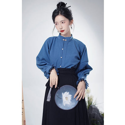 【WUJIAシリーズ】チャイナ風シャツ 長袖 トップス 気質アップ ブルー 青 合わせやすい S M L XL