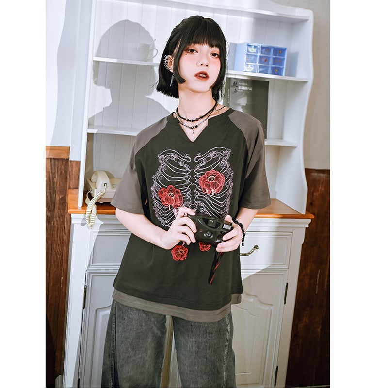 【古怪舍---花骨シリーズ】チャイナ風 半袖 Tシャツ プリント 個性的 オリジナル Vネック コットン トップス