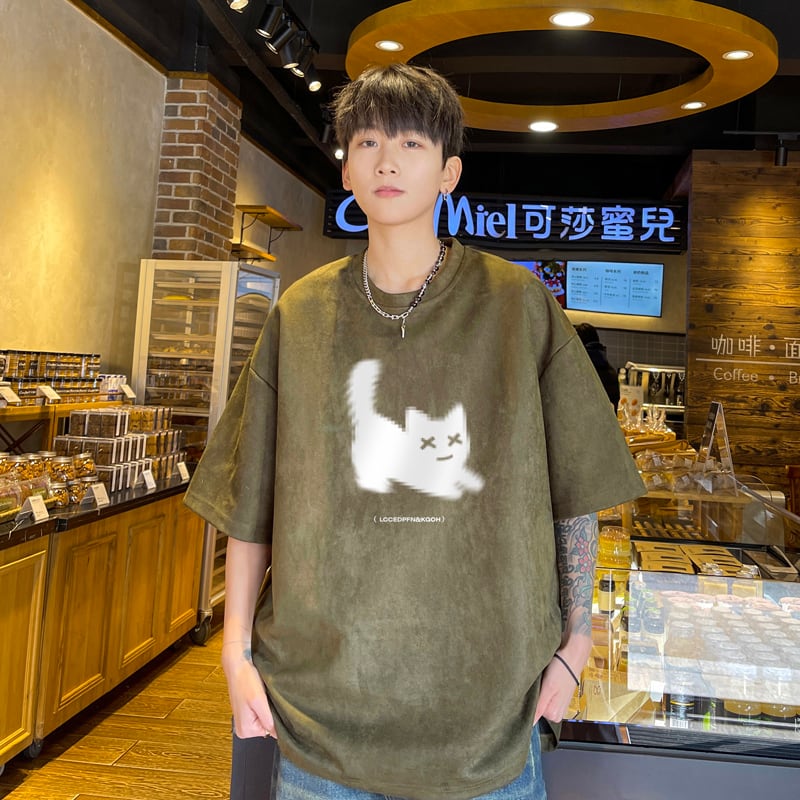 【NANSHIシリーズ】5色展開 Tシャツ 半袖 トップス 男女兼用 大きいサイズ スエード 猫柄 ねこ ネコ