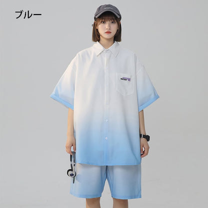 【藤伊曼シリーズ】4色 シャツ+短パン セットアップ 半袖 男女兼用 大きいサイズ グラデーション
