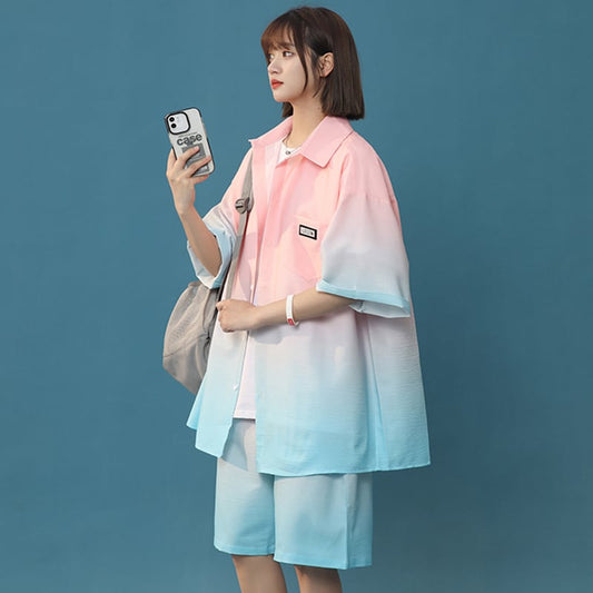 【藤伊曼シリーズ】4色 セットアップ 半袖シャツ + 短パン 男女兼用 大きいサイズ グラデーション