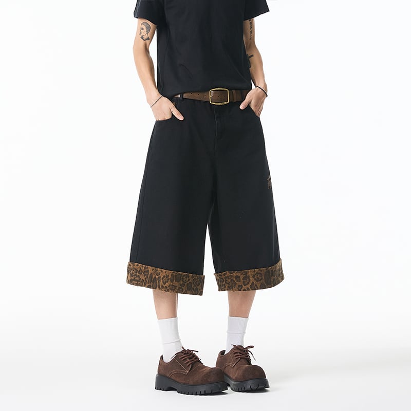 【KADISHOUシリーズ】デニムパンツ ズボン ボトムス 七分丈 男女兼用 メンズ 切り替え 豹柄 おしゃれ ファッション 2023