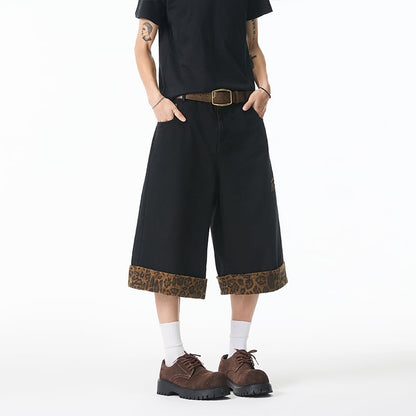 【KADISHOUシリーズ】デニムパンツ ズボン ボトムス 七分丈 男女兼用 メンズ 切り替え 豹柄 おしゃれ ファッション 2023