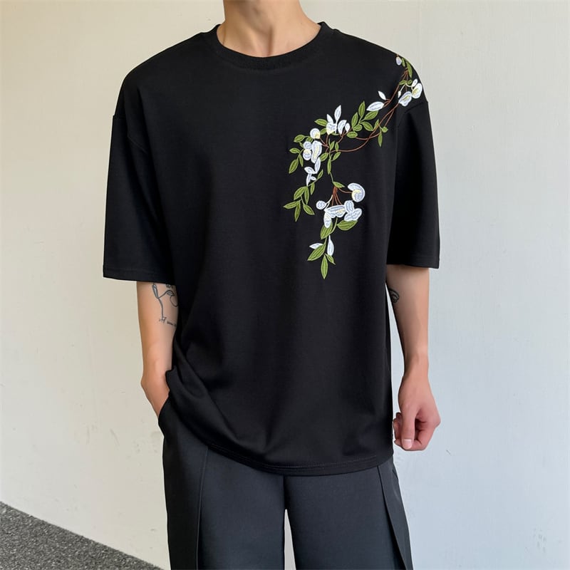 【入画シリーズ】チャイナ風 トップス 半袖 Tシャツ 花柄 男女兼用 メンズ レディース ブラック ホワイト 2色展開