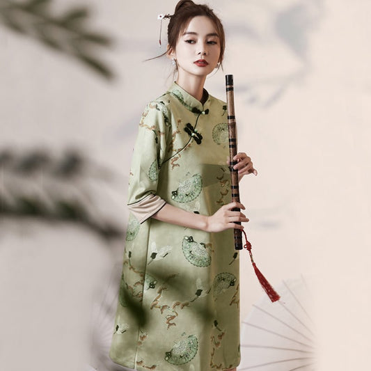 【YUEQIAOシリーズ】改良型チャイナドレス ショートワンピース S M L スエード 鶴模様 レディースファッション