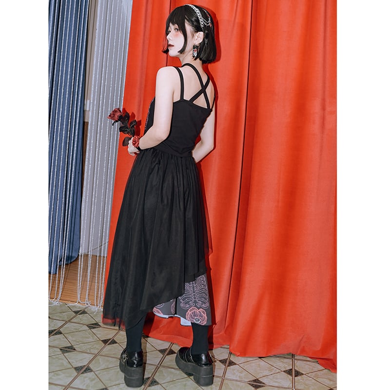 【古怪舍---花骨シリーズ】チャイナ風 スカート ボトムス 切り替え ブラック 花柄 ウエストゴム レディース ファッション