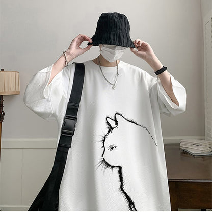 【CEXUシリーズ】3色展開 七分袖 Tシャツ 男女兼用 大きいサイズ 猫柄 黒 白 青